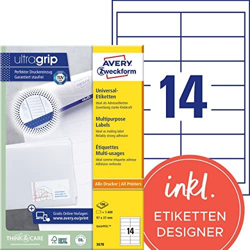 AVERY Zweckform 3678 Adressaufkleber (1.400 Klebeetiketten, 97x37mm auf A4, Papier matt, individuell bedruckbare Absenderetiketten, selbstklebende Adressetiketten mit ultragrip) 100 Blatt, weiß