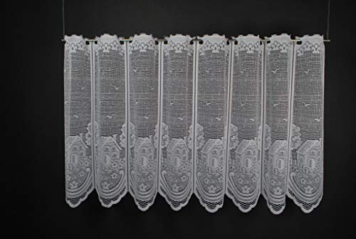 Gardinen Kranzusch Scheibengardine Häuser 60 cm hoch Weiß - Wunschbreite frei wählbar durch gekaufte Menge in 17 cm Schritten - Meterware