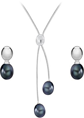 Tuscany Silver Damen Sterling Silber Set Schwarz Pearl Ohrringe und Halskette 43cm/17zoll 8.45.1610