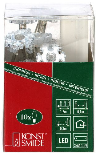 Konstsmide LED Dekolichterkette, 10 transparente Schneeflocken, verspiegelt, 10 warm weiße Dioden, batteriebetrieben, bis zu 120h, transparentes Kabel - 3185-103