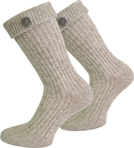 Trachtensocken Umschlag-Söckchen im Landhaus-Stil Farbe Naturmelange mit Edelweiß-Anstecker Größe 43/46
