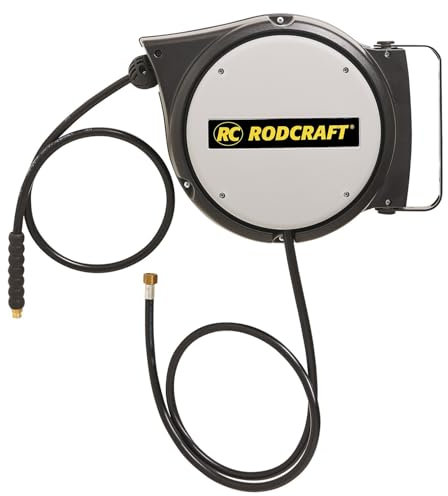 Rodcraft SAR31 Schlauch-Aufroller, 10 m Schlauchlänge (PU, 8 mm Innendurchmesse, 4 mm Wandung), max. Arbeitsdruck 15 bar für Druckluft/Wasser, 1/4 Zoll BSP, Aluminium Gehäuse