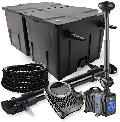 SunSun Komplettset: CBF-350B Teichfilter bis 60000 L Teichfilteranlage, NEO10000 Teichpumpe 10000l/h 80W, CUV-672 Teichklärer 72W, 25m Teichschlauch 25 mm, CTP-5003 Springbrunnen 5000l/h 30W