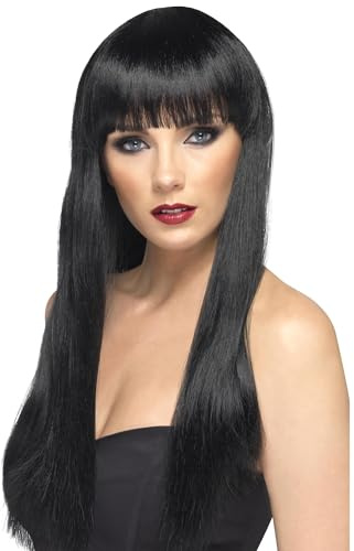Smiffys Beauty Wig, Black Long, Straight with Fringe, Ladies Glamour Wigs Fancy Dress, Adult Dress Up Wigs