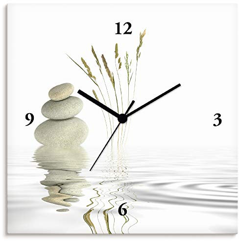ARTLAND Wanddeko Wanduhr ohne Tickgeräusche Leinwand Funkuhr 30x30 cm Quadratisch Lautlos Zen Asiatisch Spa Steine See Yoga Asien T5VB