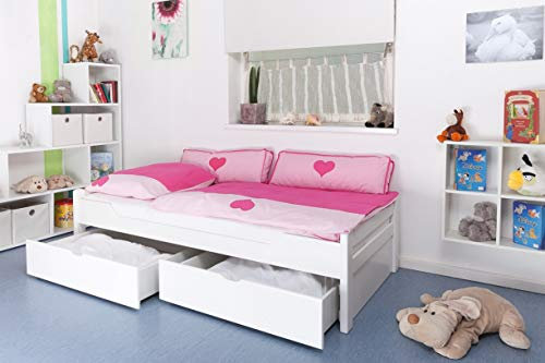 Kinderbett/Jugendbett Easy Premium Line K1/1n inkl 2 Schubladen und 2 Abdeckblenden, 90 x 200 cm Buche Vollholz massiv weiß lackiert