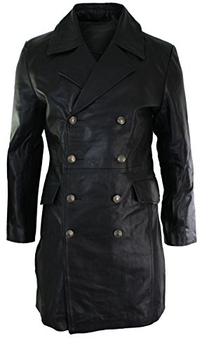 Mens Long 3/4 Black Real Leather German Generals Jacket Punk Rock Emo