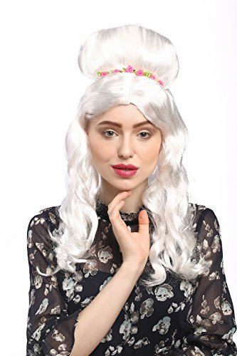 WIG ME UP - 31797-P68 Perücke Damen Fasching Karneval Weiß Weißblond Hochsteckfrisur Blumenspange lang Prinzessin Adlige Fee Barock Rokoko