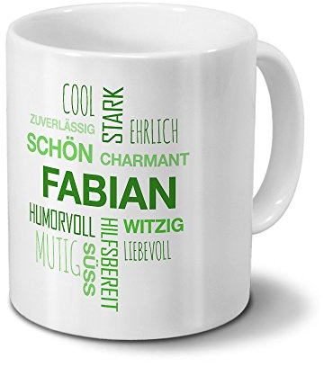 printplanet Tasse mit Namen Fabian Positive Eigenschaften Tagcloud - Grün - Namenstasse, Kaffeebecher, Mug, Becher, Kaffeetasse
