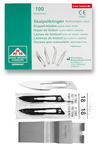 May 100 Stück Skalpellklingen Figur 18 für Skalpellhalter Nr. 4 - einzeln steril verpackt - inkl. Klingenabzieher