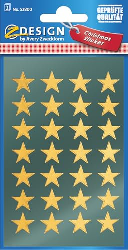 AVERY Zweckform 56 Aufkleber Weihnachten Sterne gold (Made in Germany, Weihnachtssticker Glanzpapier, selbstklebende Weihnachtdeko für Karten, Geschenke, Tüten) 2 Bogen/je 28 Sternsticker, 52800