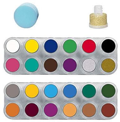 GRIMAS Water Make up Kinderschminke Theaterschminke Palette 24 Farben Schwamm Glitzer Set