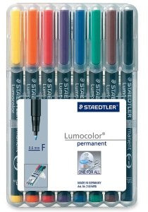 Folienstift Lumocolor F permanent, 8er Box, grün, rot, blau, schwarz, orange, braun, gelb, violett