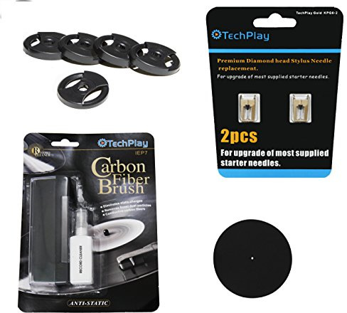 TechPlay Turntable Essentials, 2pack of diamond tipped upgrade needles, Anti Static Carbon Fiber record cleaner, stylus cleaner, pack of 5 45RPM adaptor and full size 11.5” Anti Static turntable mat.