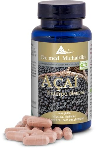 Açaí selon Dr. med. Michalzik - chaque capsule contient 400 mg d'extrait de baies d'açaí de haute qualité (Euterpe-Oleracea) - 100 capsules végétaliennes - sans additifs - de BIOTIKON®