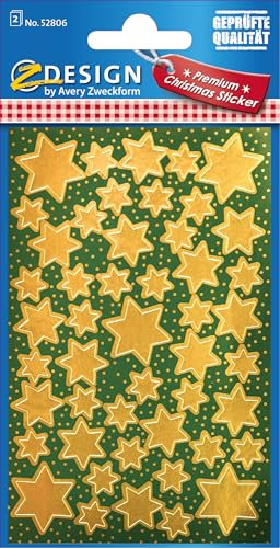 AVERY Zweckform 96 Aufkleber Weihnachten Sterne gold (Made in Germany, Weihnachtssticker Glanzpapier, selbstklebende Weihnachtsdeko Karten, Geschenke, Tüten) 2 Bogen/je 48 Sternsticker, 52806