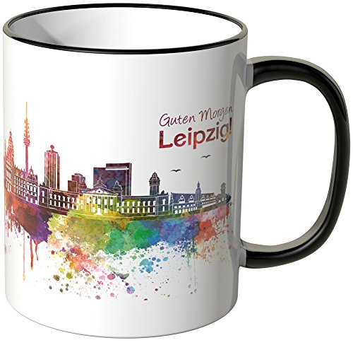 WANDKINGS® Tasse, Schriftzug Guten Morgen Leipzig! mit Skyline - SCHWARZ