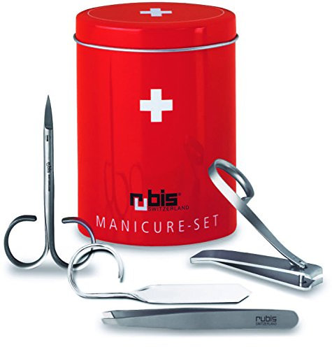 Rubis 1k450 Set manucure 4 pièces, en boîte décorée (coupe-ongles, ciseaux à envies, pince à épiler, lime verre)