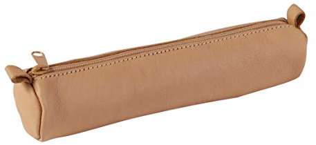 Clairefontaine 8303C - Trousse Scolaire Ronde Ø3,5x18 cm en Cuir Véritable, Beige