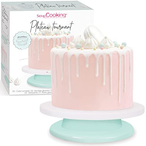 ScrapCooking Plato Giratorio para Tartas Ø 28 cm – Base 360° para Decoración de Pasteles Postres – Bandeja Soporte – Blanco y Verde Agua, Multicolor, 28x28x7 cm