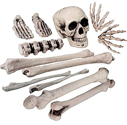 Boland 74391 - Skelett Bausatz, 12-teiliges Deko Set, 1 Totenkopf und 11 Knochen aus Kunststoff, Halloween Deko, Partydeko, Tischdeko, Weiß