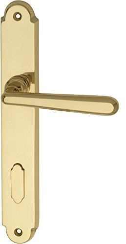 Marchesi 5x Drückergarnitur ALT-WIEN - auf Langschild Buntbart Entfernung 90mm, für Türstärke 38-43mm, mit Hangerl, Messing poliert.