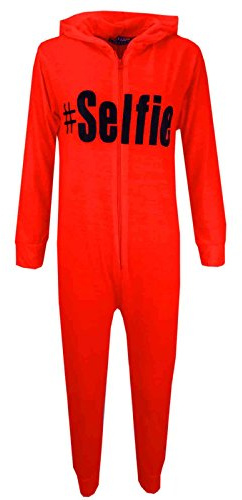 A2Z 4 Kids Girls Onesie #Selfie Hooded Soft Feel Fluffy Cozy Loungewear Comfortable - Cotton Onesie #Selfie Neon Orange 9-10