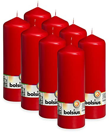 Bolsius Glatte Stumpenkerzen - Rot - Set 8 Stück - Dekorative Haushaltkerzen - Länge Brenndauer 75 Stunden - Unparfümierte - Natürliches Pflanzenwachts - 20 x 7 cm