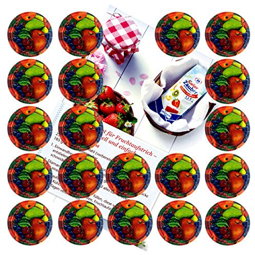 MamboCat 20er Set Deckel to 66 Obst Dekor passend für 125ml Gläser incl. Diamant-Zucker Gelierzauber Rezeptheft