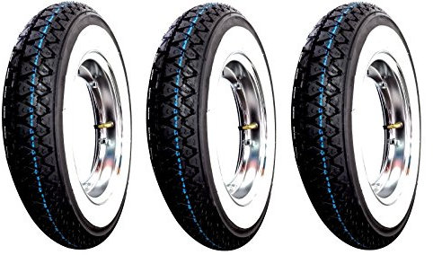 3 Rollen Complete montiert für Vespa LML Star 125/150/200 mit: 3 Kreise, 3 Reifen Kenda K 333 mit Stirnband weiß Dot 2016 Größe 3.50 – 10 51J 4PR, 3 Fahrradschlauch Kenda mit Felge chrom RMS