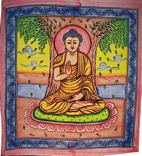 Tagesdecke Buddha Überwurf indische Decke 240x210cm Baumwolle Wandbehang Vorhang