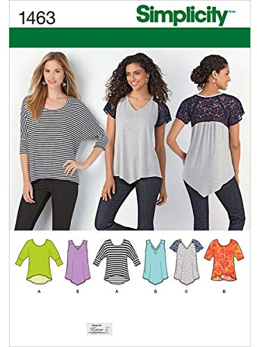 Simplicity Sewing Pattern 1463: Misses' Knit Tops, Size A, Paper, White, A (XXS-XS-S-M-L-XL-XXL)