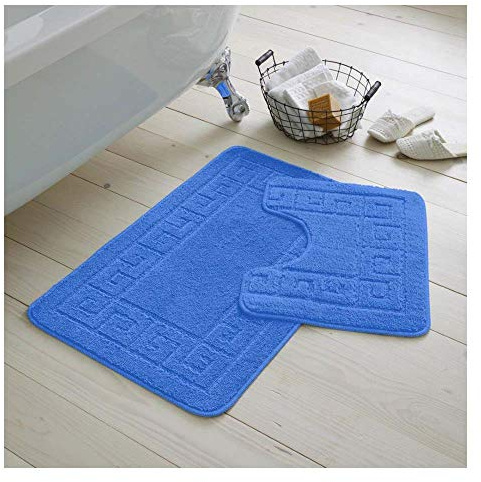 De Lavish Bath Mat Set 2 Piece Non Slip Rubber Pedestal and Bath Mat Set Toilet Greek Bathroom Rug New (Blue)