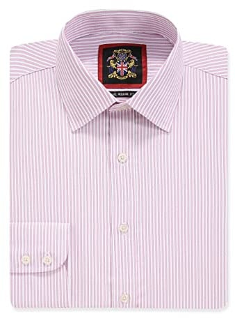 Windsor Fine Stripe Formal Mens Dress Shirts, Regular Fit, Stripe Pattern, Traditional Tailoring, Easy Care Fabric by Janeo British Apparel. (Pink, 19.0 in, Single Cuff)