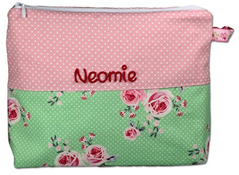Kulturtäschchen Rosenglück rosa mit Namen, Kulturbeutel Mädchen, Kulturtasche Kinder, Geschenk personalisiert