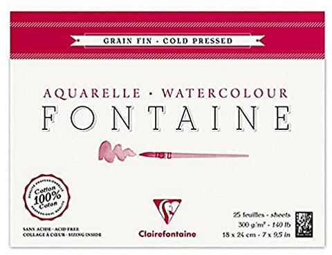 Clairefontaine 96413C Bloc Encollé 4 Côtés Fontaine - 25 Feuilles Papier Aquarelle Blanc 100% Coton Grain Fin Qualité Professionnelle 18x24 cm 300g