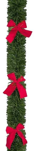 2.7M x 10cm approx Green Tinsel with Red Bows
