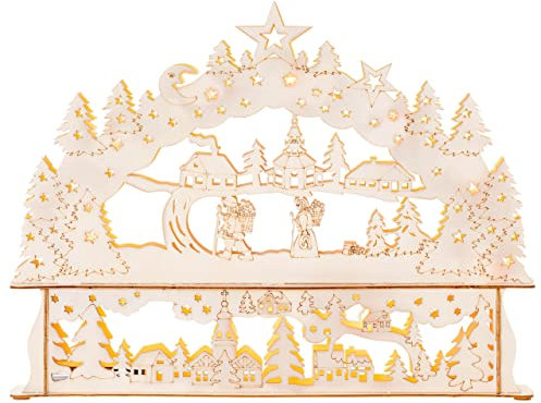 Nipach GmbH Schwibbogen aus Holz 10 LED Lichterbogen Winterlandschaft Leuchtfarbe: warm-weiß Batterien Adventsbogen Weihnachtsbeleuchtung Weihnachtsdeko (44 x 33,5 cm)