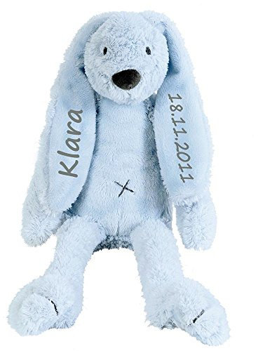 Elefantasie Stofftier Hase mit Namen und Geburtsdatum personalisiert Geschenk 30cm hellblau