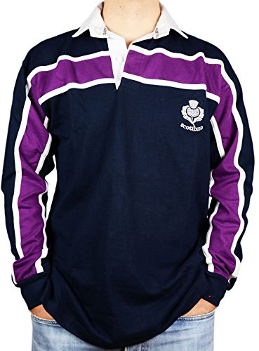 I LUV LTD Scottish Mens Rugby Shirt Purple Stripe Long Sleeve Navy Size Small