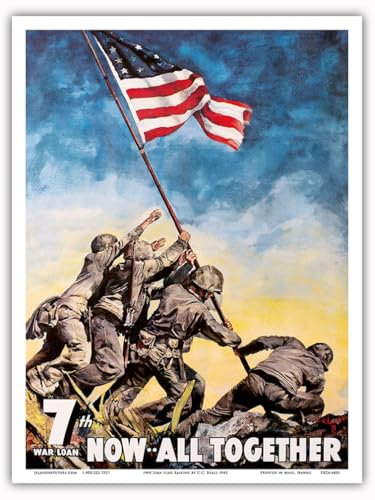 Pacifica Island Art - Iwo Jima Schlacht - Amerikanischen Flagge - Zweiter Weltkrieg- Jetzt alle miteinander! - Retro Kriegs Plakat von C. C. Beall 1945 - Kunstdruck 23 x 31 cm