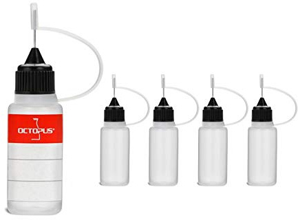 Octopus 10 x 10 ml Nadelflaschen für Liquids, Basen, Aromen, Öle, Farben und Klebstoffe, leere LDPE Kunststoffflaschen mit schwarzen Nadelkappen, inkl. Etiketten