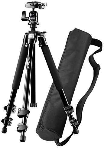 Mantona Basic Scout Set Fotostativ, Kamerastativ bis 144cm, + Tragetasche, Kugelkopf, Wasserwaage, umkehrbare Mittelsäule, für Reisen und Outdoor Fotografie für DSLR Kamera, kompakt leichtes Stativ