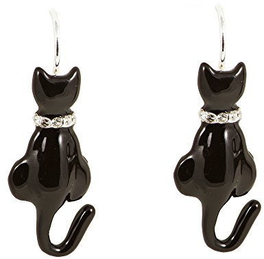 Damen-Ohrringe Ohrhänger Katze Schwarz Emaille Strass Versilbert