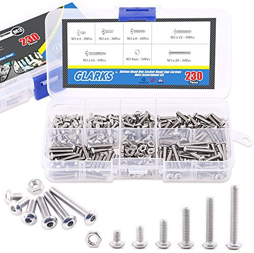 Glarks 230 pezzi M2 in acciaio inox a brugola esagonale, kit assortito