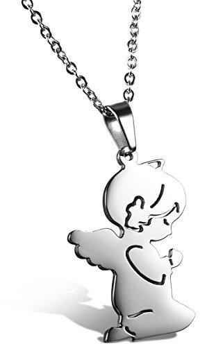 JewelryWe Schmuck Damen Halskette mit Niedliche Betende Engel Anhänger Kette, Mädchen Edelstahl, Silber