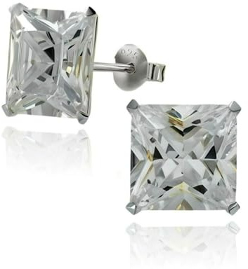 MENS Princess Cut/Square Simulated Diamond Cubic Zirconia (CZ) Sterling Silver Stud Earrings/Ear Studs - White/Clear - 5MM 8MM 10MM