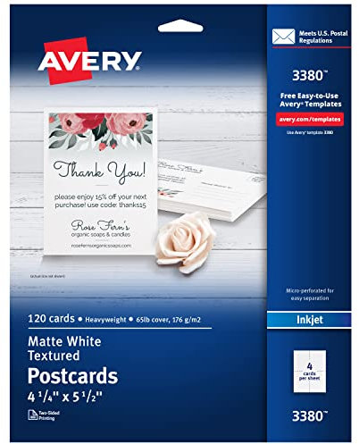 Avery Bedruckbare Postkarten, 10,8 x 14 cm, strukturiert, weiß, 120 Blanko-Postkarten für Tintenstrahl- und Laserdrucker (3380)