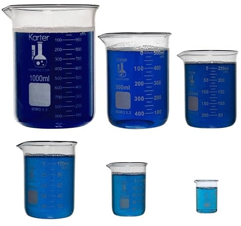 Karter Scientific, 3.3 Boro, Griffin Low Form, Glass Beaker Set - 5 Sizes - 50ml, 100ml, 250ml, 500ml, 1000ml