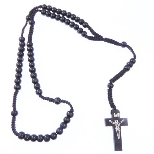 Wood wooden jet black long cord rosary beads necklace 61cm